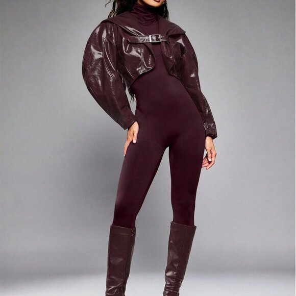 Burgundy Casual Women's Long Sleeve Crop Jacket with Belt Buckle Detail - Picture 4 of 6